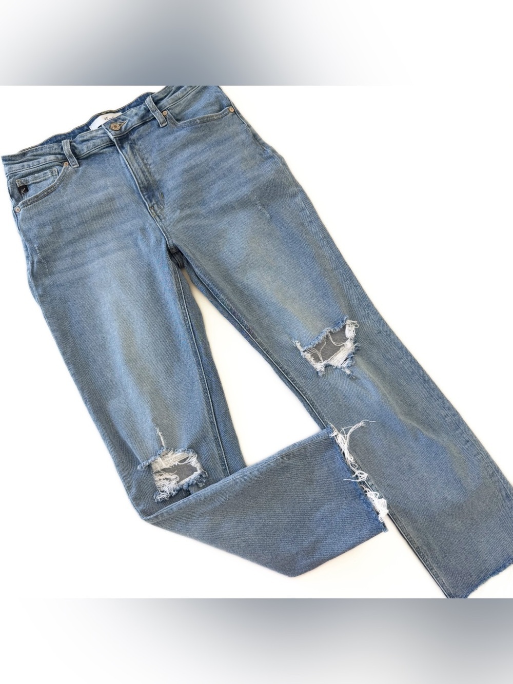 Kancan Jeans Womens 30 13 Mid Rise Light Wash Distressed Straight Leg Raw Hem